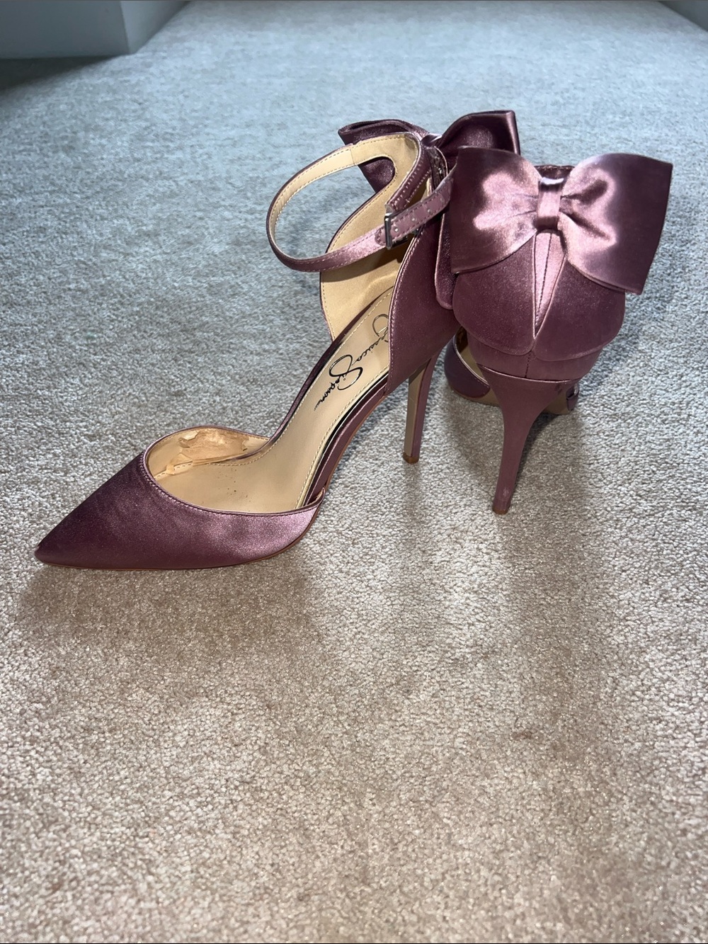 Jessica Simpson Mauve Satin Pointed-Toe Bow Ankle-Strap Heels